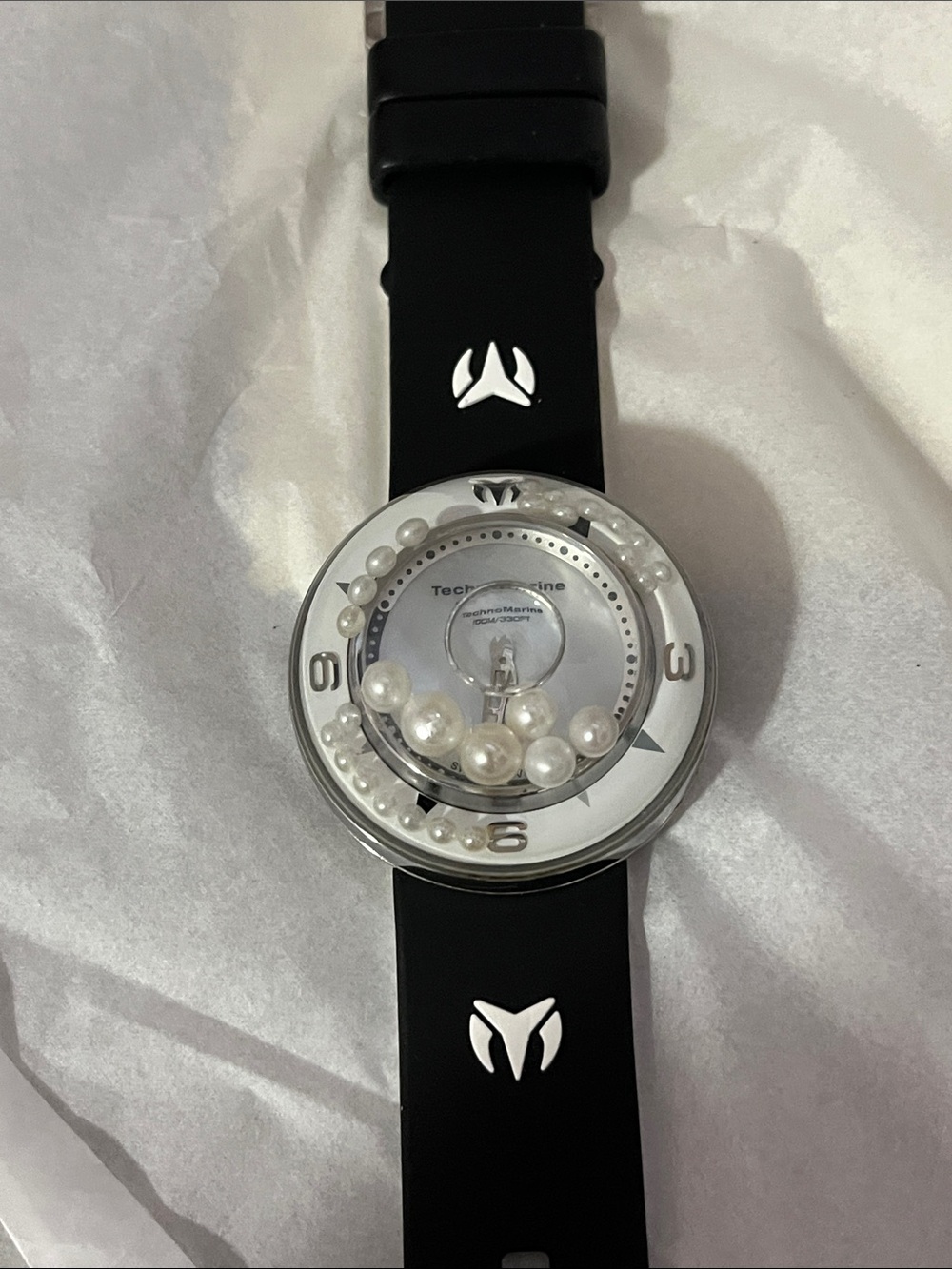Technomarine Black Silicone Watch with Floating White Pearls